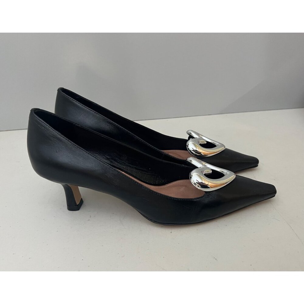 Anthropologie Maeve Black Leather Heart Kitten Heel Pumps Size 38 - Picture 7 of 7